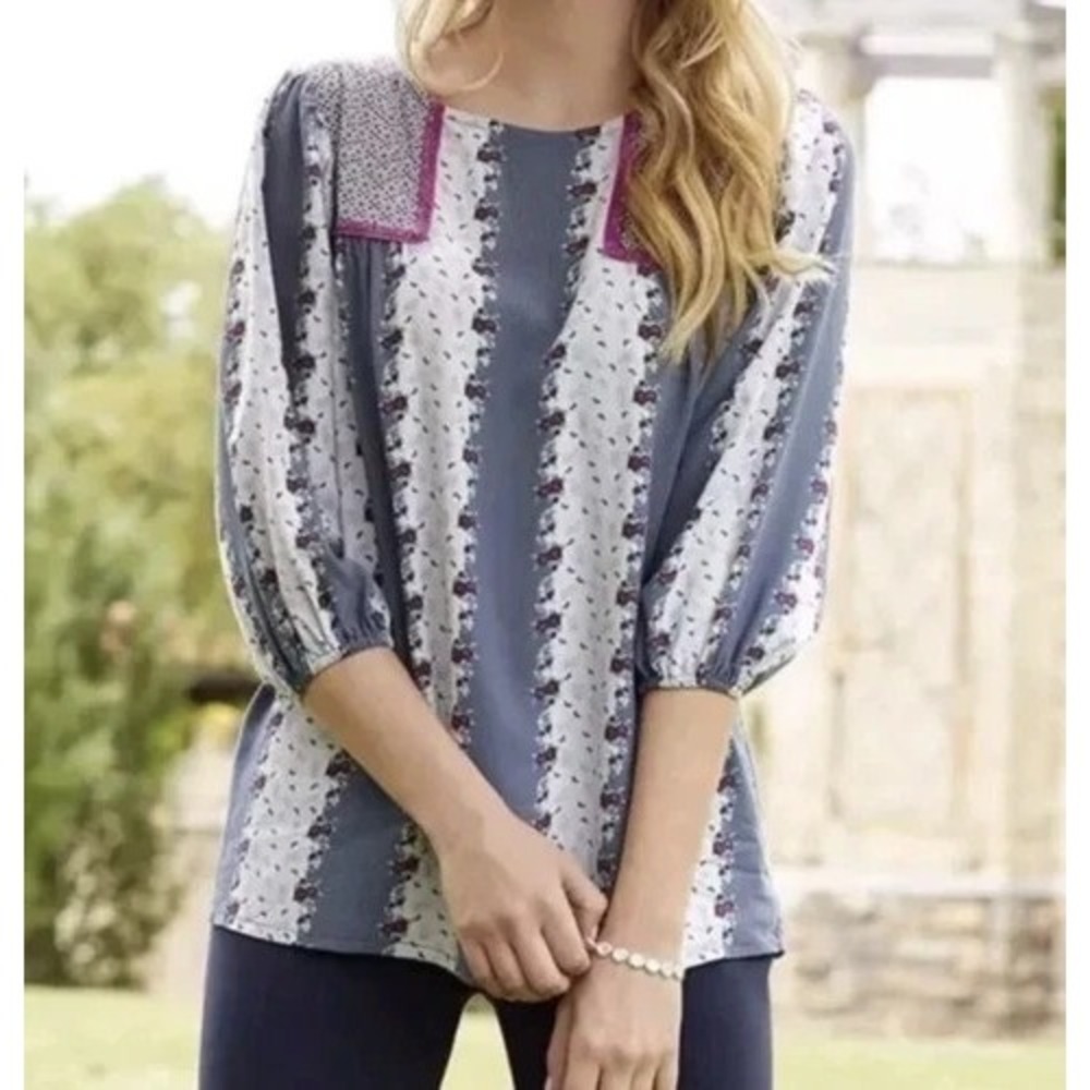 Matilda Jane Top Women's Size XS A Quick Getaway Blouse 3/4‎ Sleeve Blue/White